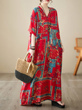 Loose Short Sleeves Floral Printed Multi-Colored V-Neck Maxi Dresses