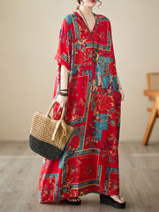 Loose Short Sleeves Floral Printed Multi-Colored V-Neck Maxi Dresses