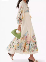 Flower Print Long Sleeves Bandage V-Neck Maxi Dresses