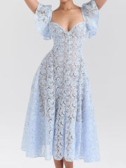 Flower Lace Ruffled Sleeves Elegant Maxi Dresses
