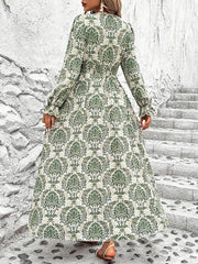 Elasticity Printed Split-Joint Loose Puff Sleeves V-Neck Maxi Dresses