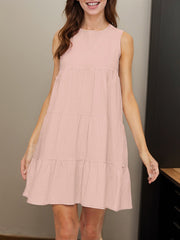 A-Line Loose Pleated Solid Color Split-Joint Round-Neck Mini Dresses