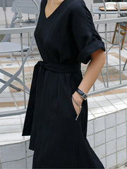 Hollow Solid Color Split-Side Tied Waist A-Line Loose V-Neck Midi Dresses