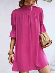 Half Sleeves Loose Solid Color High-Neck Mini Dresses