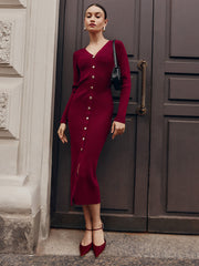Fall Winter Long Sleeve Knitted Dress Button Slit Female Sweater Cardigan Dresses Slim Solid Elegant Office Lady ClothesChristmas Gifts