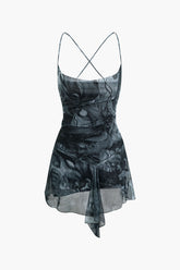 Abstract Print Cross Tie Backless Mesh Mini Dress