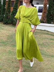 Original Flared Sleeves Half Sleeves Solid Color Boat Neck Midi Dresses