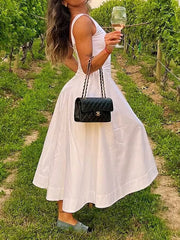 No Belt Pleated Solid Color Zipper A-Line Loose Round-Neck Midi Dresses