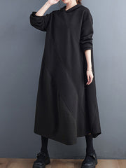 Casual Loose Long Sleeves Solid Color Hooded Midi Dresses