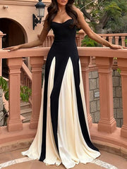 High Waisted Sleeveless Backless Contrast Color Pleated Split-Joint Spaghetti-Neck Maxi Dresses
