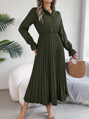 A-Line Flared Sleeves Buttoned Elasticity Pleated Solid Color Lapel Maxi Dresses