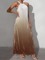 A-Line Loose Gradient Pleated Halter-Neck Maxi Dresses
