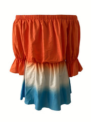 Elasticity Falbala Gradient Loose Ruffle Sleeves Off-the-shoulder Mini Dresses