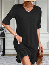 A-Line Flared Sleeves Elasticity Jacquard Pleated Solid Color Split-Joint V-Neck Mini Dresses