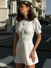 Elegant Slim Mini Dress Women Lace Short Sleeve Doll Collar Button Splice Autumn Fashion Classic Office Dresses FemaleChristmas Gifts