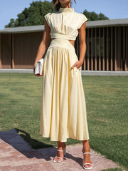 Belly-Hollow Pleated Solid Color Cap Sleeve Stand Collar Maxi Dresses