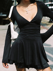Deep V Long Sleeve Mini Dress In Black