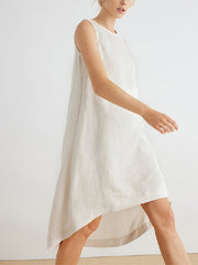 Solid Color High-Low Loose Round-Neck Midi Dresses