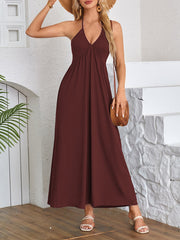 Pleated Solid Color Split-Joint A-Line Loose Deep V-Neck Maxi Dresses