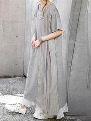 Loose Short Sleeves Pleated Solid Color Split-Joint Round-Neck Midi Dresses