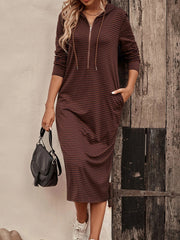 Drawstring Striped Zipper Long Sleeves Loose Hooded Midi Dresses