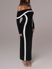 Bodycon Long Sleeves Contrast Color Split-Joint Off-The-Shoulder Evening Dresses Maxi Dresses