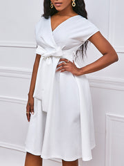 Bowknot Lace-Up Solid Color V-Neck Midi Dresses