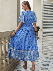 Bohemia Puff Sleeves Floral Printed U-Neck Maxi Dress