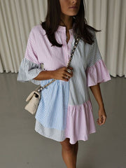 Buttoned Contrast Color Pleated Split-Joint Striped Long Sleeves Loose Stand Collar Shirt Dress Mini Dresses