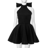 Big Backless Bow Dress For Women Slim Pleated Sexy Sleeveless Solid Splice Halter Neck Evening Party Mini Dress FemaleChristmas Gifts