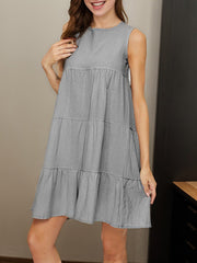 A-Line Loose Pleated Solid Color Split-Joint Round-Neck Mini Dresses