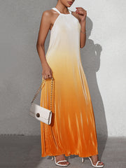 A-Line Loose Gradient Pleated Halter-Neck Maxi Dresses