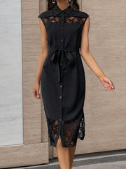 A-Line Cap Sleeve Buttoned Mesh Solid Color Split-Joint Tied Waist Lapel Midi Dresses