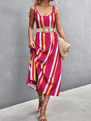 Contrast Color Striped Tied Loose Sleeveless U-Neck Slip Dress Midi Dresses