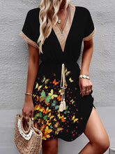 A-Line Loose Butterfly Print Elasticity Hollow Split-Joint Tasseled Tied Waist V-Neck Mini Dresses