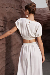 Linen-Blend Cuff Hem Crop Blouse