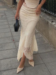 Lace Mesh Splice Long Skirts For Women 2024 See Through Sexy High Waist Maxi Skirt Femme Club Hollow Out Skirts LadiesChristmas Gifts