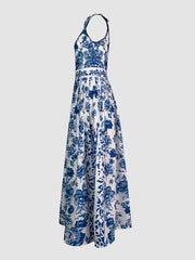 Flower Print Split-Joint A-line Loose Lapel Maxi Dresses