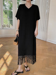 Loose Short Sleeves Solid Color Split-Joint Tasseled V-Neck Midi Dresses