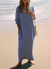 Long Sleeves Loose Contrast Color No Belt Split-Joint Striped Round-Neck Maxi Dresses