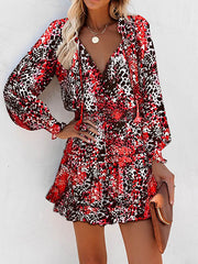 Contrast Color Leopard Pleated Split-Joint Tied A-Line Long Sleeves V-Neck Mini Dresses