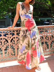 Flower Printed Sleeveless V-Neck Elegant Mermaid Maxi Dresses