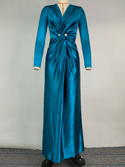 Solid Color Bodycon Long Sleeves Pleated Split-Front Tied Waist Deep V-Neck Maxi Dresses