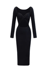 Solid V-neck Knit Twist Cut Out Long Sleeve Dress