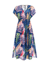 Hollow Lace-Up Printed Split-Joint Loose Short Sleeves V-Neck Midi Dresses