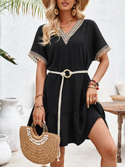 Short Sleeves Belted Split-Joint V-neck Mini Dresses