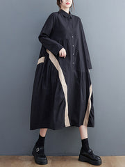 Artistic Retro Loose Long Sleeves Buttoned Contrast Color Striped Split-Joint Lapel Collar Midi Dresses