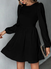 A-Line Bishop Sleeve Backless Elasticity Hollow Pleated Solid Color Tied Round-Neck Mini Dresses