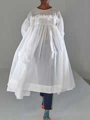 Mesh Pleated See-Through Solid Color Split-Joint A-Line Long Sleeves Round-Neck Midi Dresses