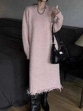 High Waisted Long Sleeves Fringed Solid Color Round-Neck Midi Dresses Sweater Dresses
